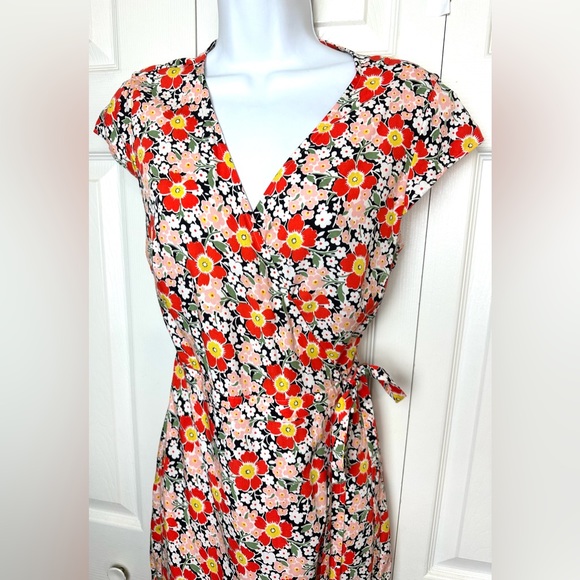 New J.CREW Floral Wrap Midi Dress Cap Sleeve Colorful Blue Orange Pink Green - Picture 4 of 13